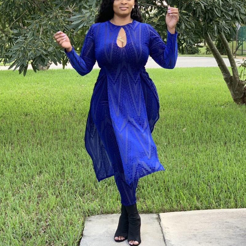 

Women's Tracksuits Women Two Pieces Sets Flocking Print Blue Blouse & Pants Hole Asymmetrical Vinatge Elegant Evening Night Party Club Outfi, Blue sets