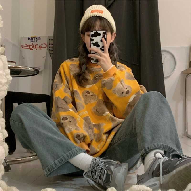 

Japanese Ulzzang cute sweatshirt kawaii casual Harajuku top female bear loose fashion sweet ins Vintage Preppy 210608, Yellow