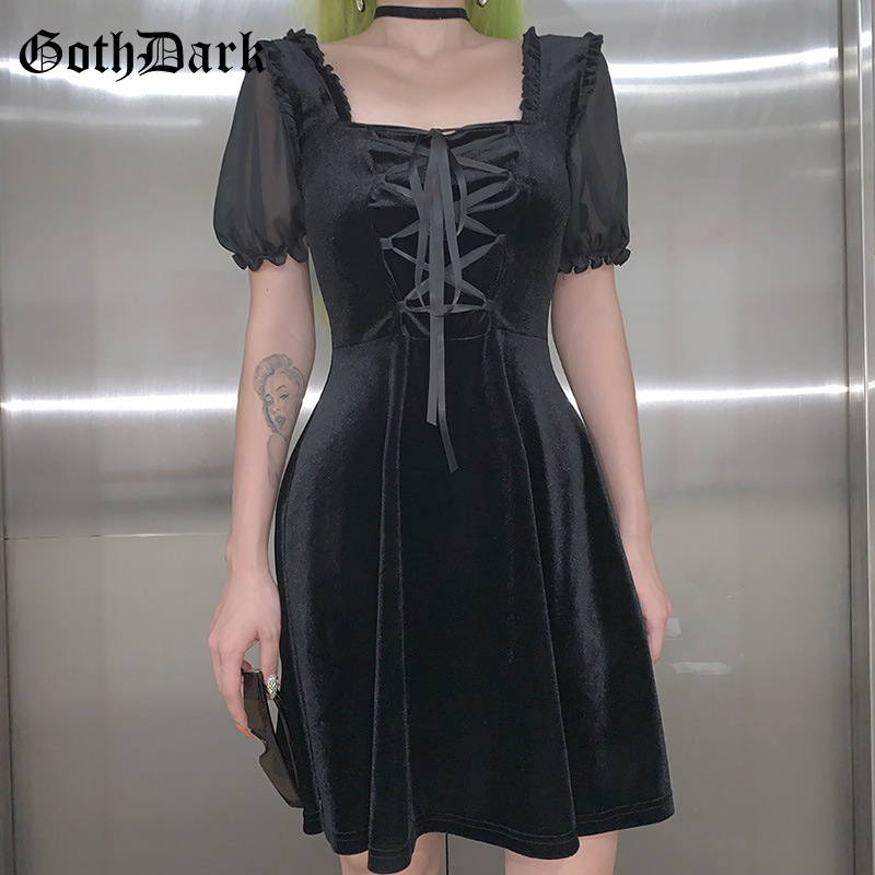 

Goth Dark Vintage Punk Gothic Dresses Women Harajuku Elegant Autumn 2021 Bandage Puff Sleeve Aesthetic Dress Pleated Transparent, Black