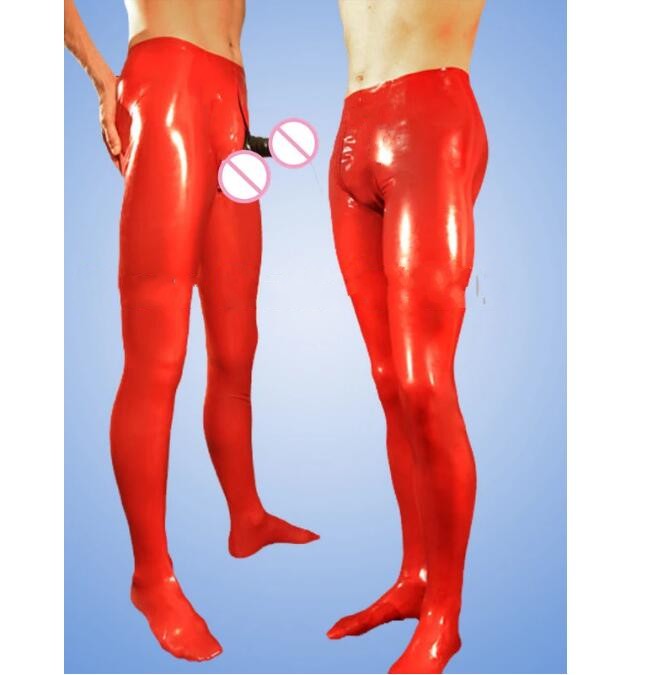 

Fashion Catsuit Costumes PVC Faux Leather red Latex Sexy Pants Leggings with crotch zipper Attached Socks