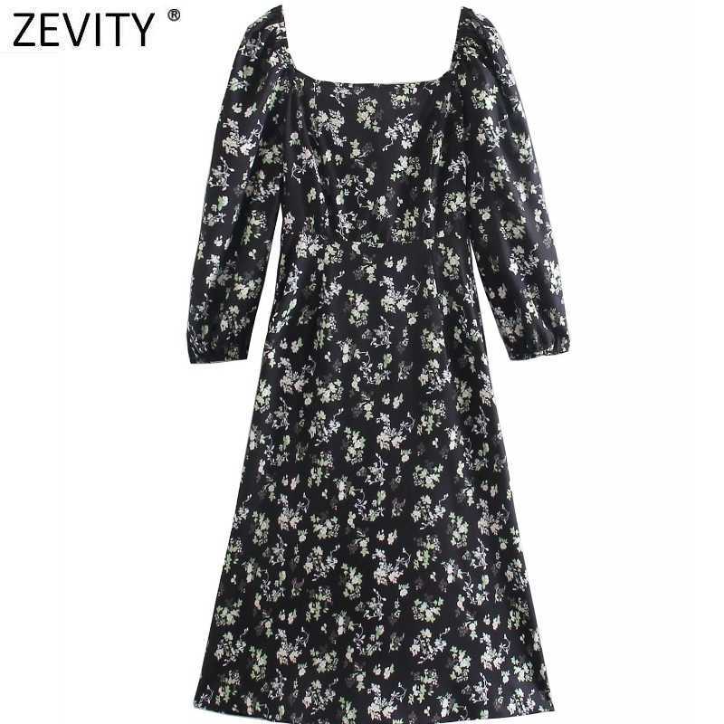 

Zevity Women Elegant Square Collar Floral Print Split Midi Dress Female Chic Puff Sleeve Back Elastic Zipper Vestido DS5063 210603, As pic ds5063ww