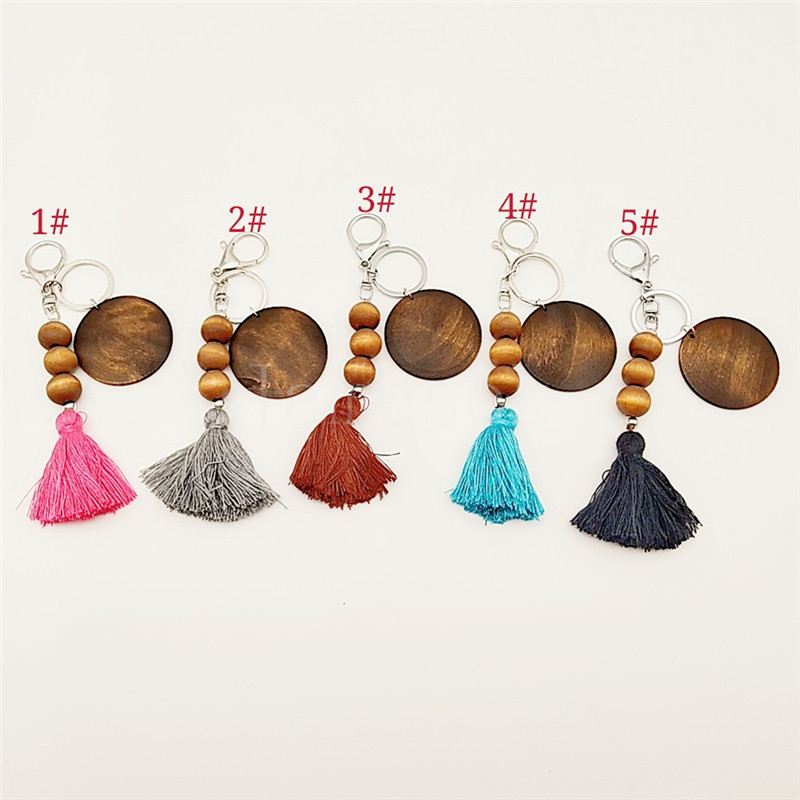 

5 styles Wooden Beaded Key Ring with Cotton Tassel Pendant Keychains DIY Print Wood Chip Keychain Party Favo DB771