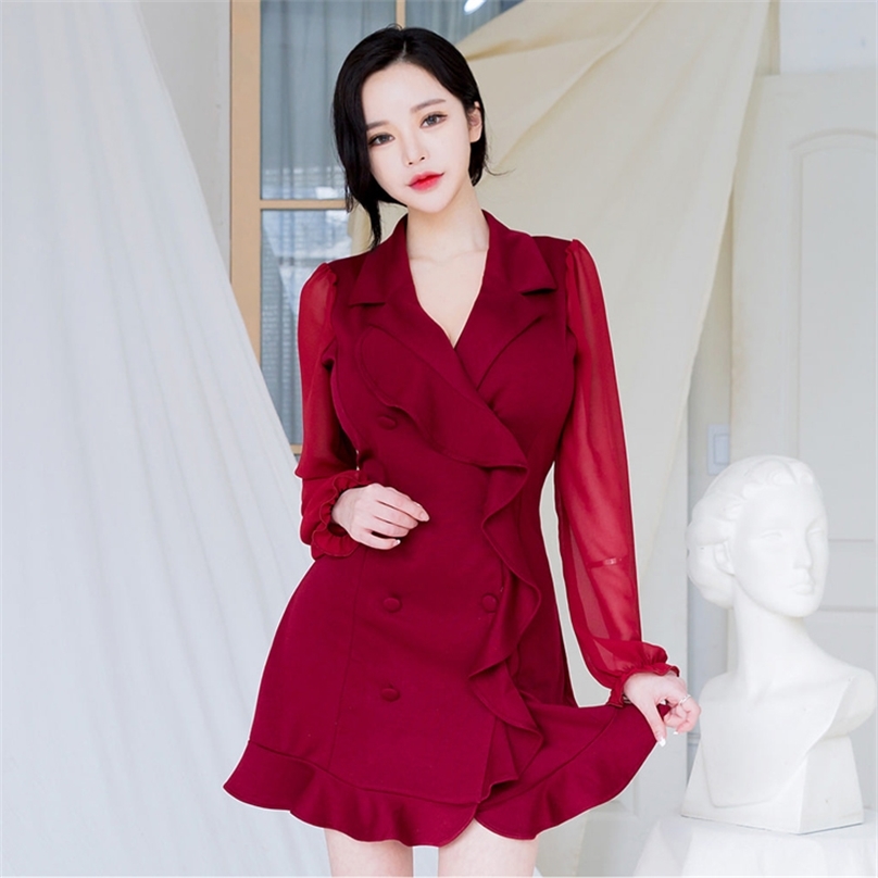 

Sexy Korea Ladies long Sleeve Notched Office party happy mini Dress for women clothing 210602, Black