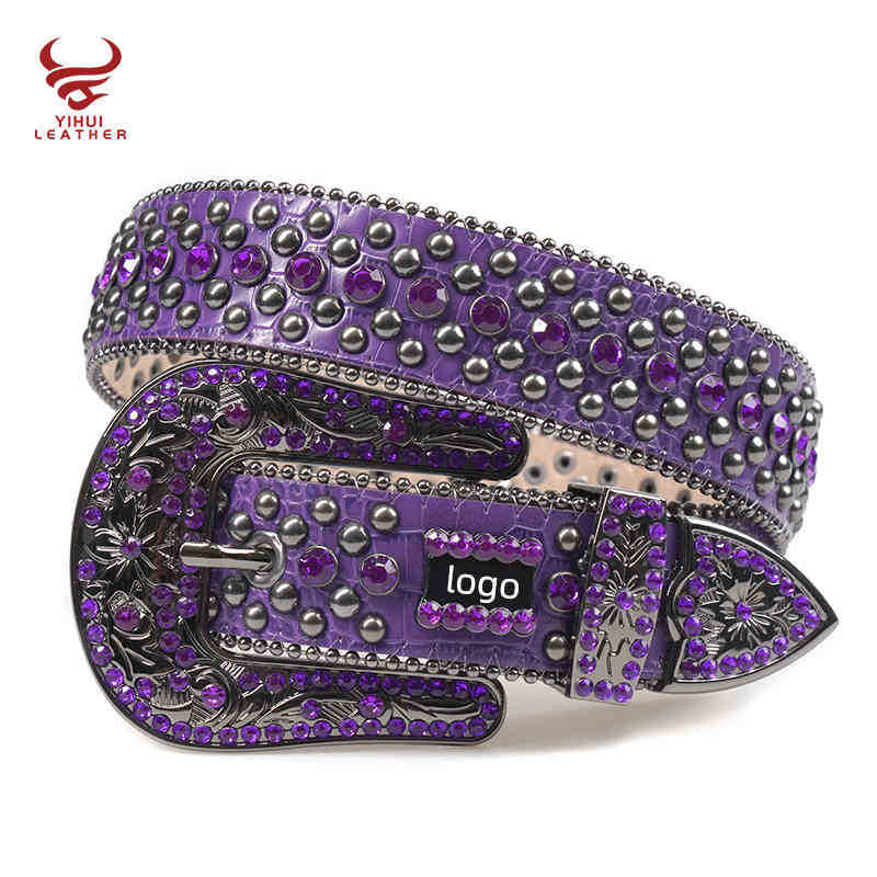 

Fashion alligator with ston DNA belt PU leather purple digner rhintone belt bb simon