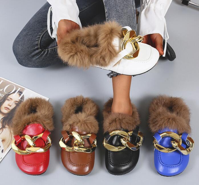

Slippers Winter Real Fur Metal Chain Mules Women Shoes Loafers Round Toe Casual Furry Slides Fluffy Hairy Flip Flops, Black