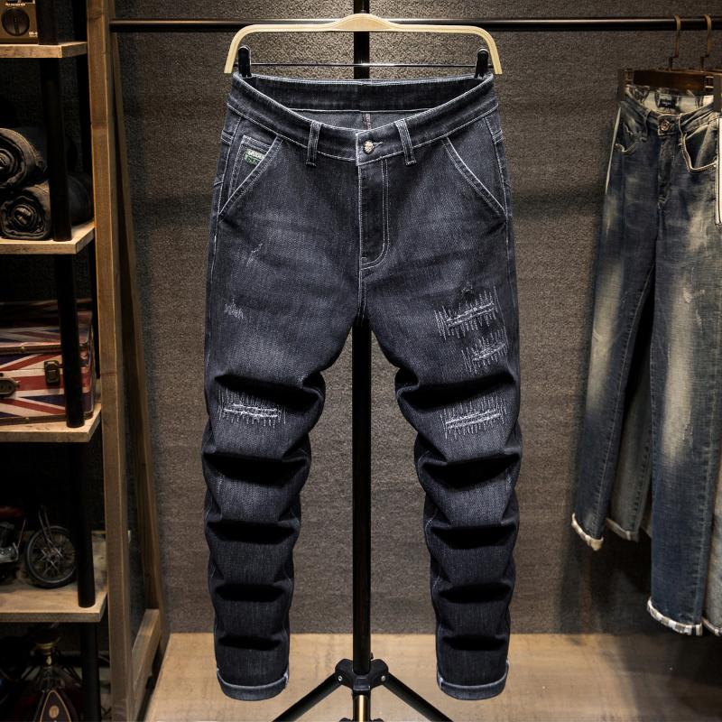 

Men's Jeans Oversized Slim Autumn Hole Patch Design Stretch Denim Pants Male Brand Trousers Plus Size 42 44 46, Black gray