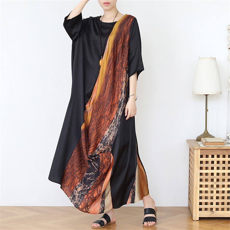 

Johnature Women Chiffon Irregular Dresses Patchwork Color O-Neck Seven Sleeve Summer A-Line Female Casual Dresses 210521, Coffee