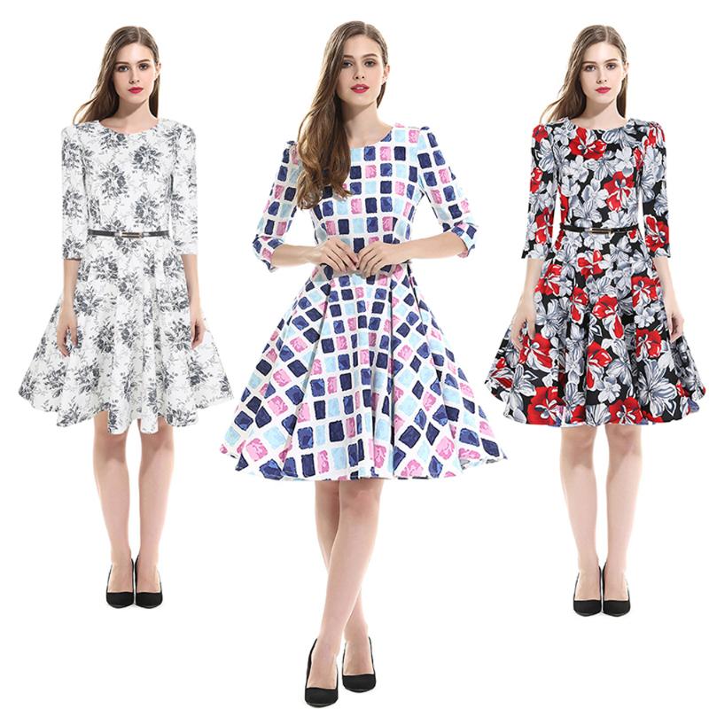 

Casual Dresses Size -4XL Summer Ladies Long Sleeve Plaid Floral Print Woman Dress Sashes Womens Fashion 2021 Elegant Swing, Checks
