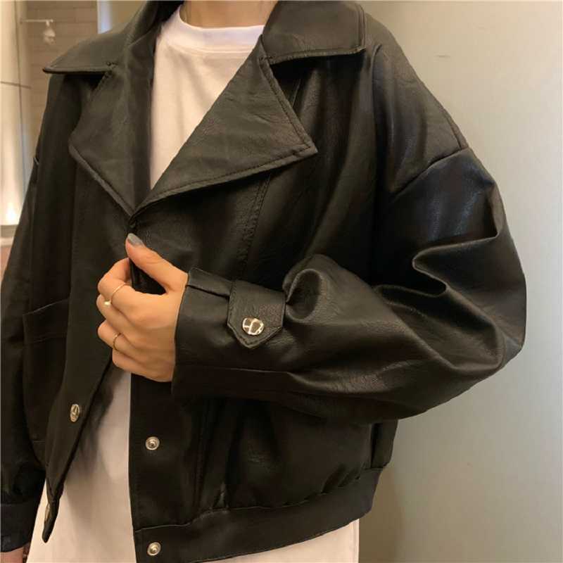 

Stretwear jacket leather female autumn Korea ins Harajuku vintage solid fashion loose short long sleeve casual women 210608, Beige