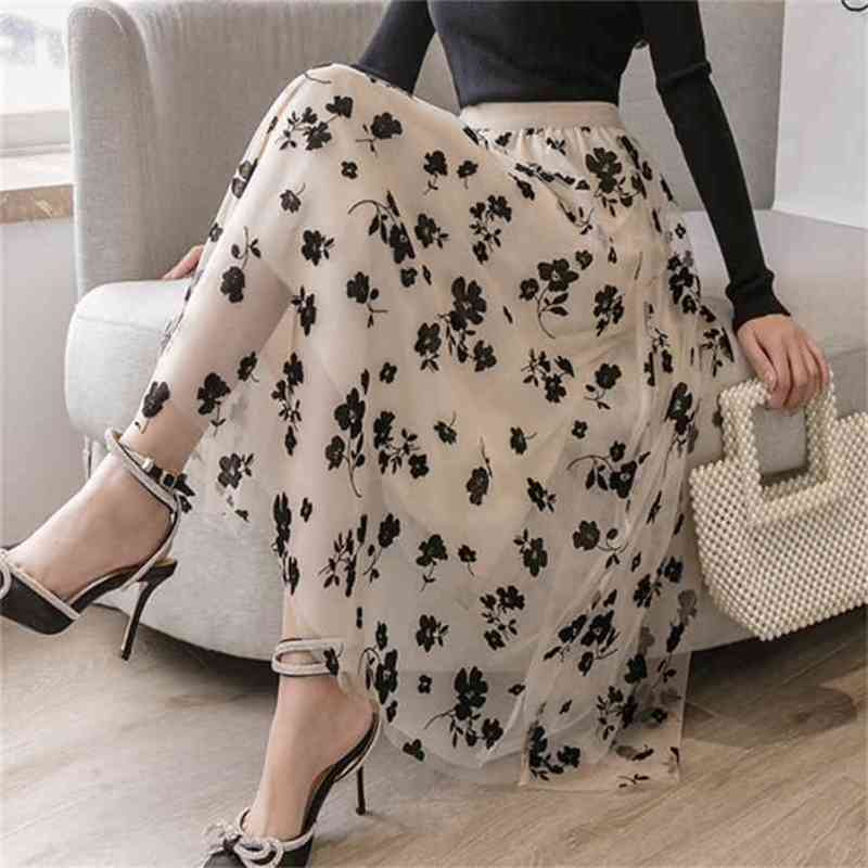 

Spring Flower Lace Skrit Women High Waist Mesh Long Female Elegant Sweet Cute Midi Skirt Clothes 210519, Picture color