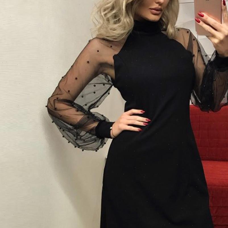 

womens dresses women elegant dress turtleneck black pearl beading mesh sleeve long a line mini party vestidos, Black;gray