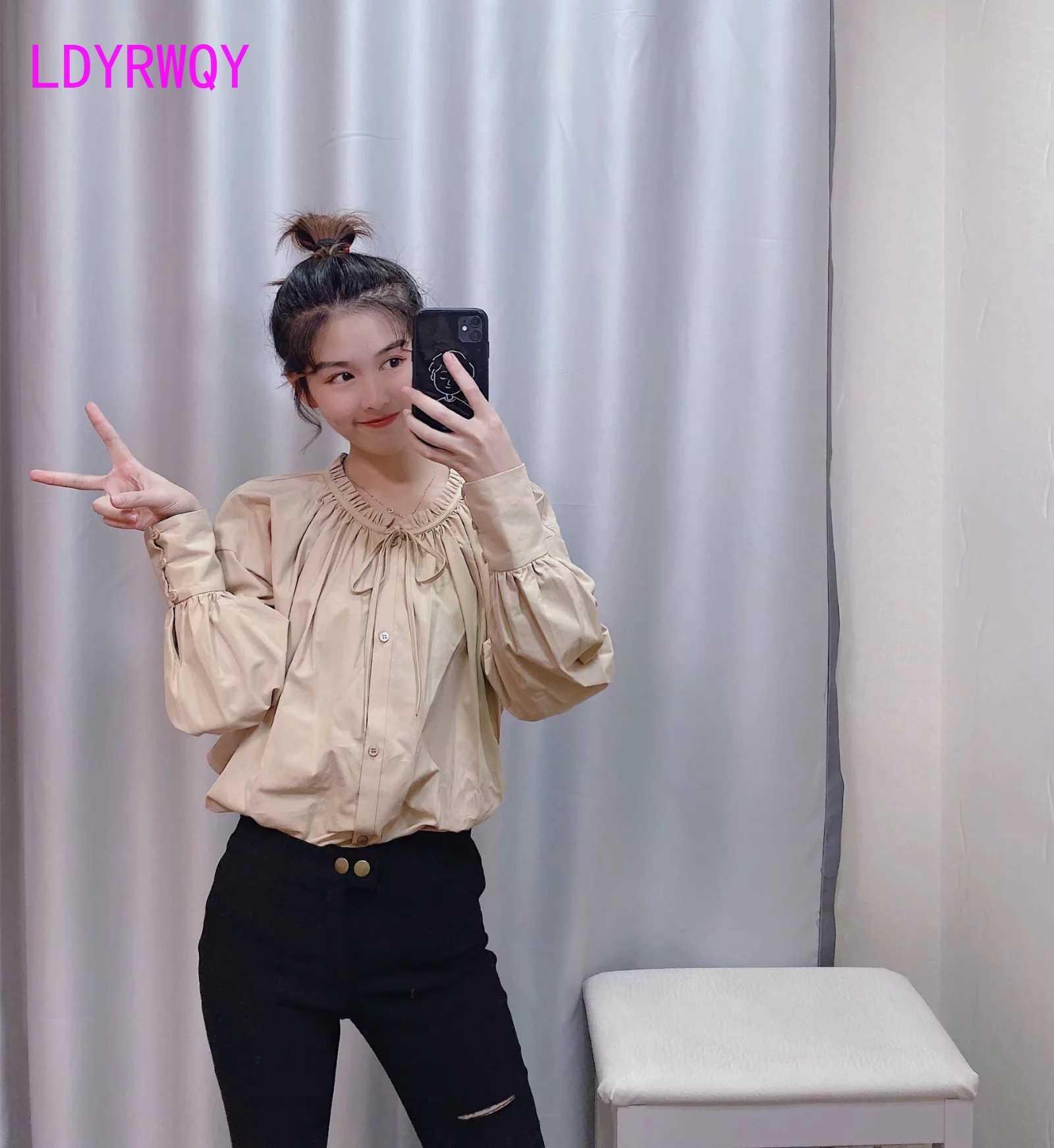 

LDYRWQY] European and American women' bow-tie poplin shirt women Turn-down Collar Regular Casual 210603, Camel