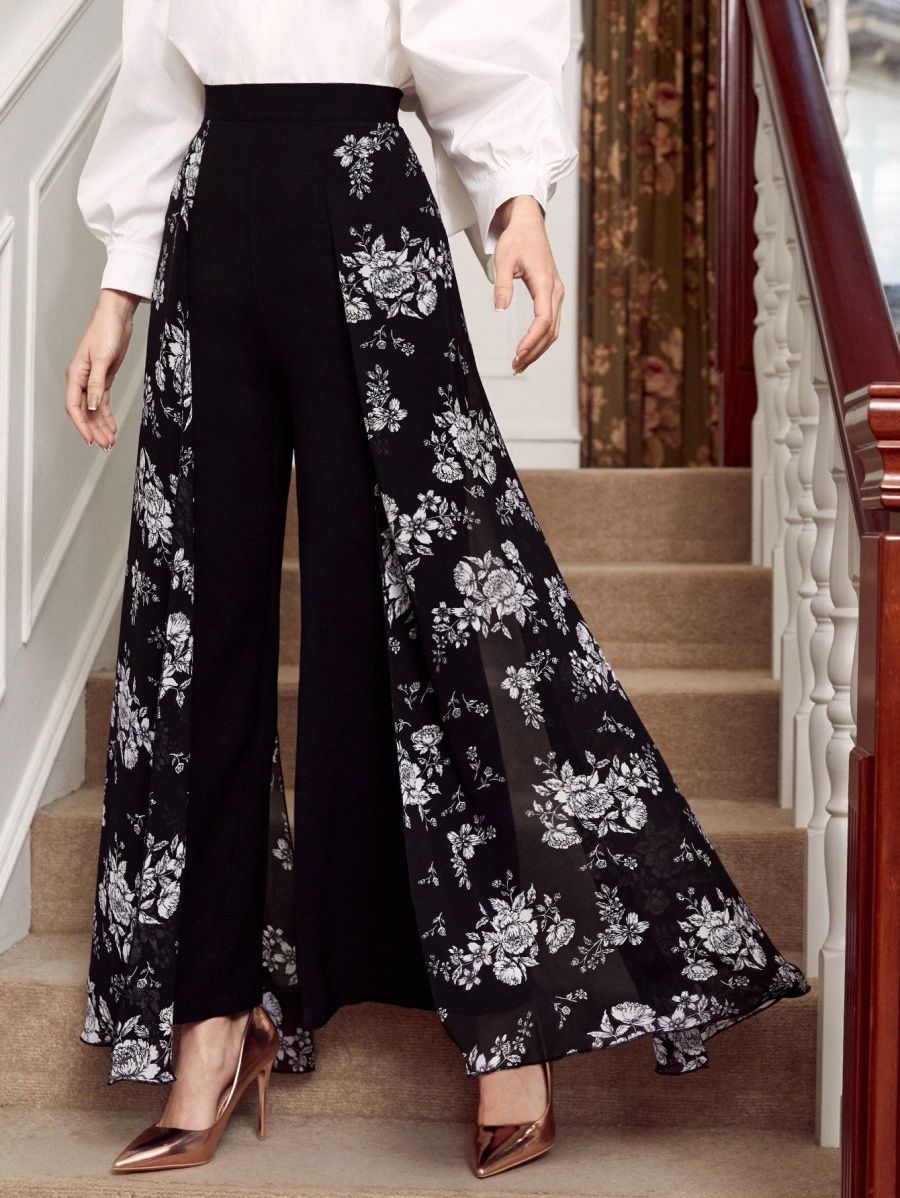 Floral Print Overlay Flare Leg Pants i1ye#-image-753663974