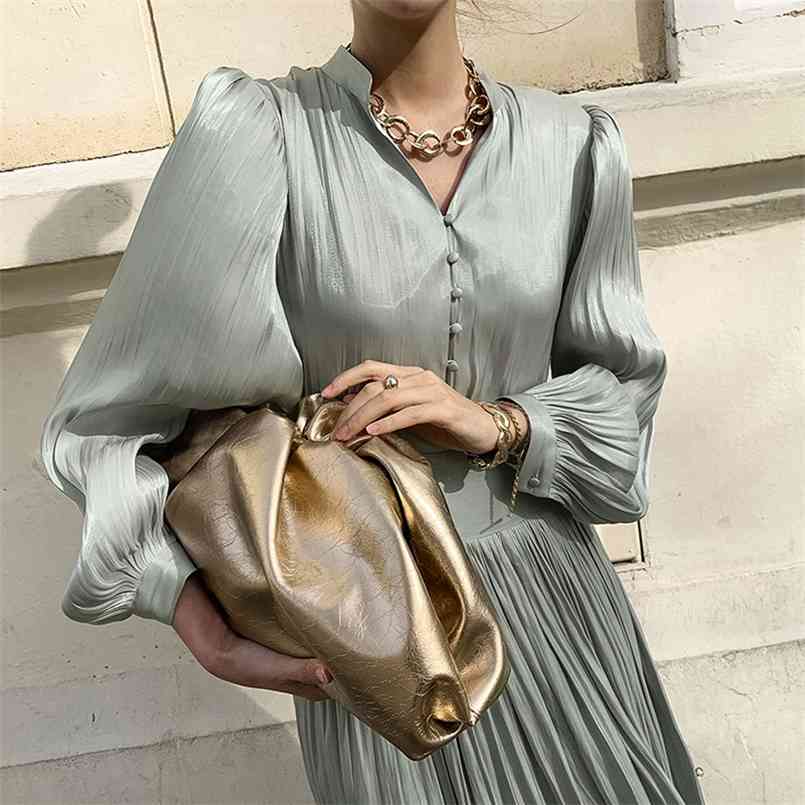 

Elegant spring Design satin sleeve a-line Folds dress women V-neck high waist button solid Vintage long es chic Lady 210508, Black