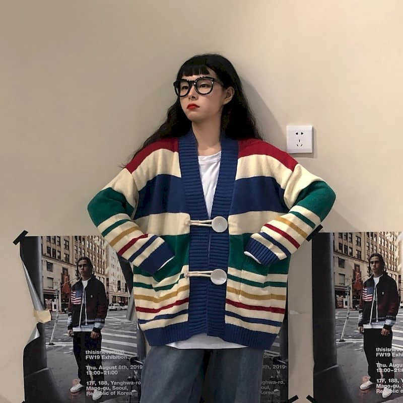 

Japanese fresh contrast color striped sweater jacket women spring and autumn loose versatile outer knit cardigan 210526, Sweater coat
