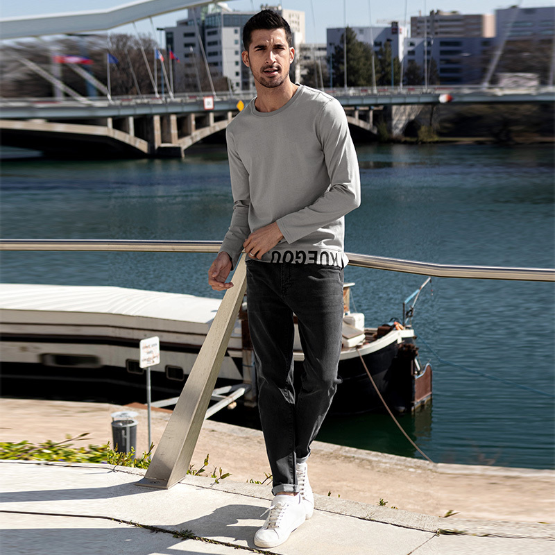 

Men's Hoodies & Sweatshirts Kuegou spring 100% cotton t base long sleeve shirt for men print fashionable high quality letters plus size 88016 V65U, 1# shoe box