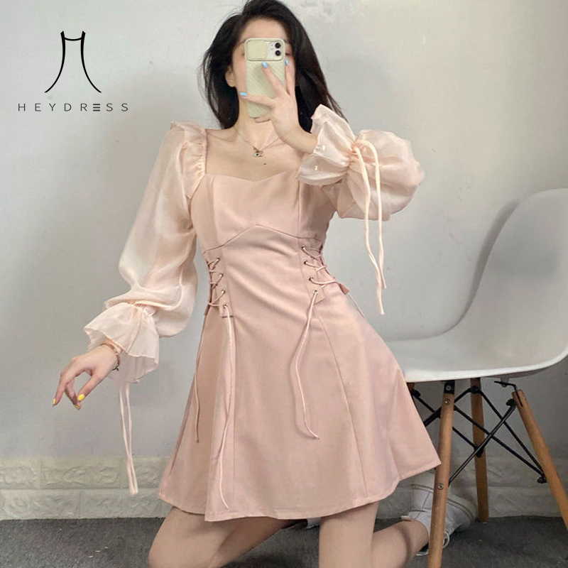 

Outdoor Holiday Square Collar Dress Summer a Korean Solid Sweet Women Elegant Bandage Puff Sleeve Kawaii 210517, Pink