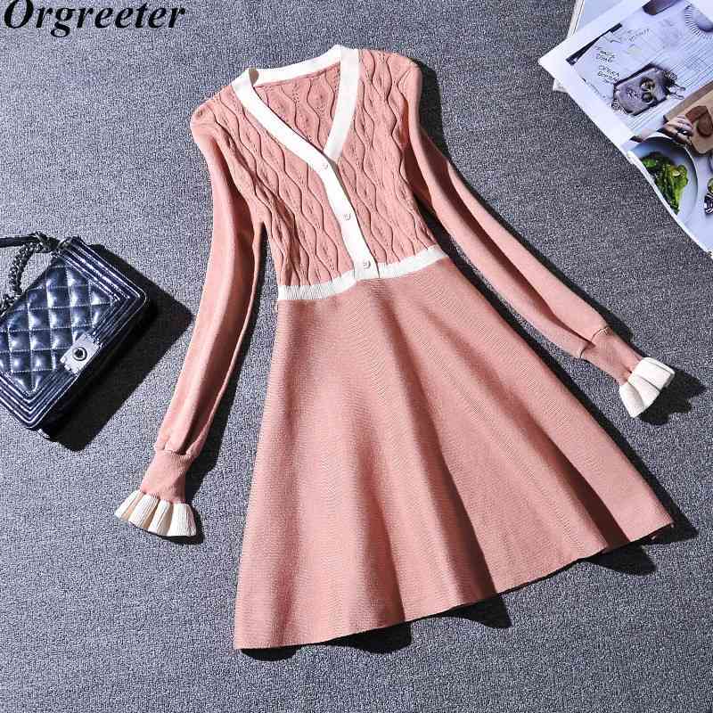 

Korean Ladies Sweet V-neck All-match Slim Knitted A-line Dress Vintage Flare Sleeve Hollow out Bottoming Short 210525, Picture color
