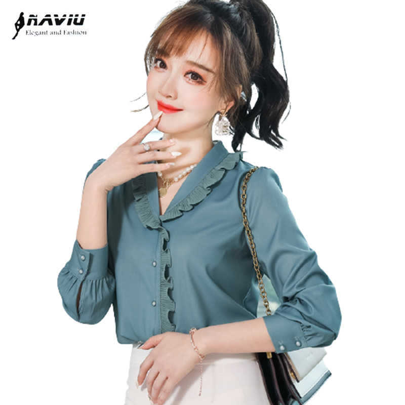 

Chiffon Shirt Women V Neck Ruffles Design Spring Fashion Long Sleeve High End Blouses Office Ladies Casual Work Tops 210604, Blue