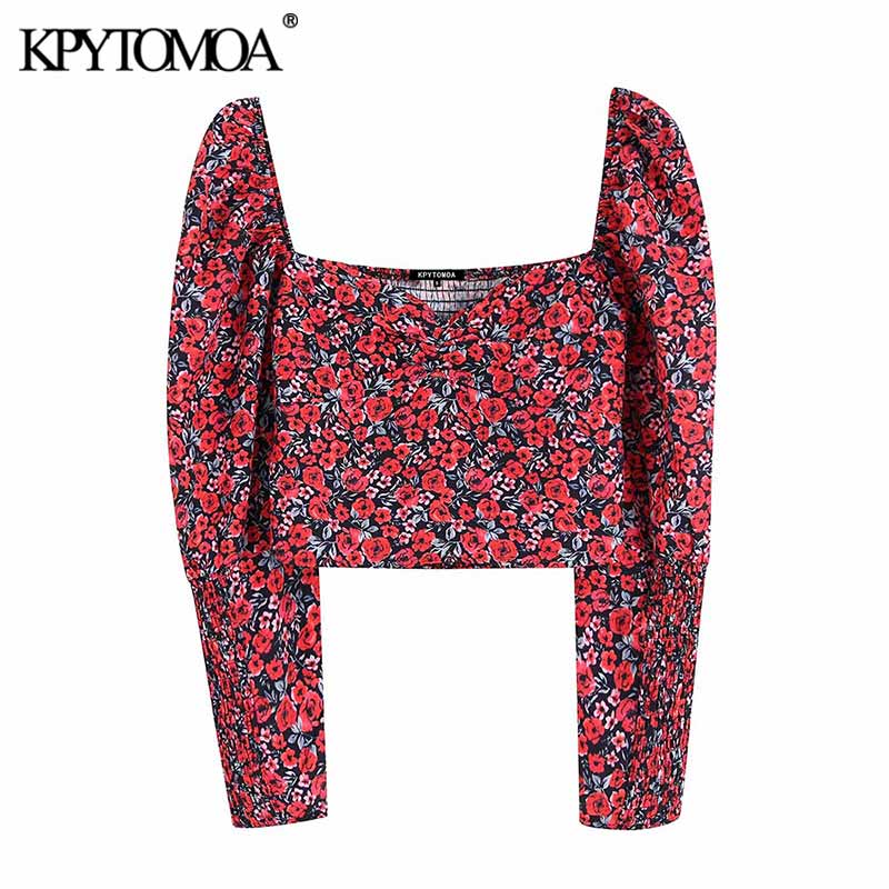 

KPYTOMOA Women Fashion Floral Print Cropped Blouses Women Vintage V Neck Long Sleeve Back Elastic Female Shirts Chic Tops, As picture