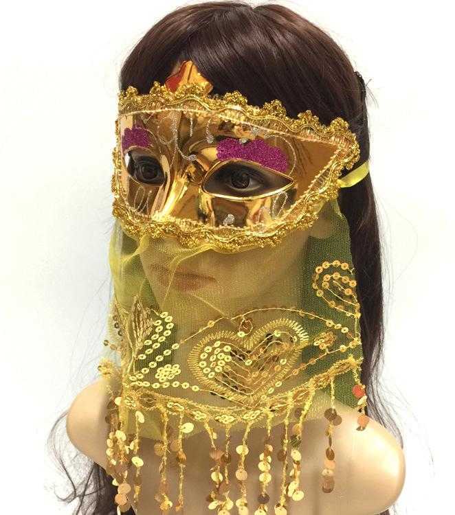 Halloween Christmas Mask Belly Dance Children's Annual Party Masquerade Adult get together Indian Style With Veil Gold Powder Sequins