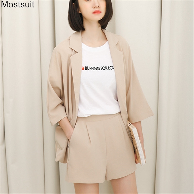 

Vintage Two Piece Set Women Summer Chiffon Shorts Suit Casual Blazer Jacket & Office Wear Suits Female Sets 210518, Blue