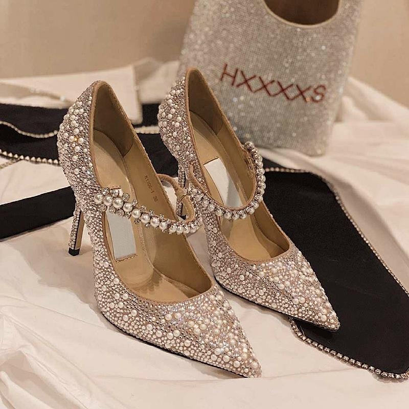 

Luxury designer Woman Sandals high heels Baily Pumps Calf Leather Goat Skin Crystal Jimmy Metal Heeled Strap Bailey Pearl Crystal Wedding Shoes top quality with box