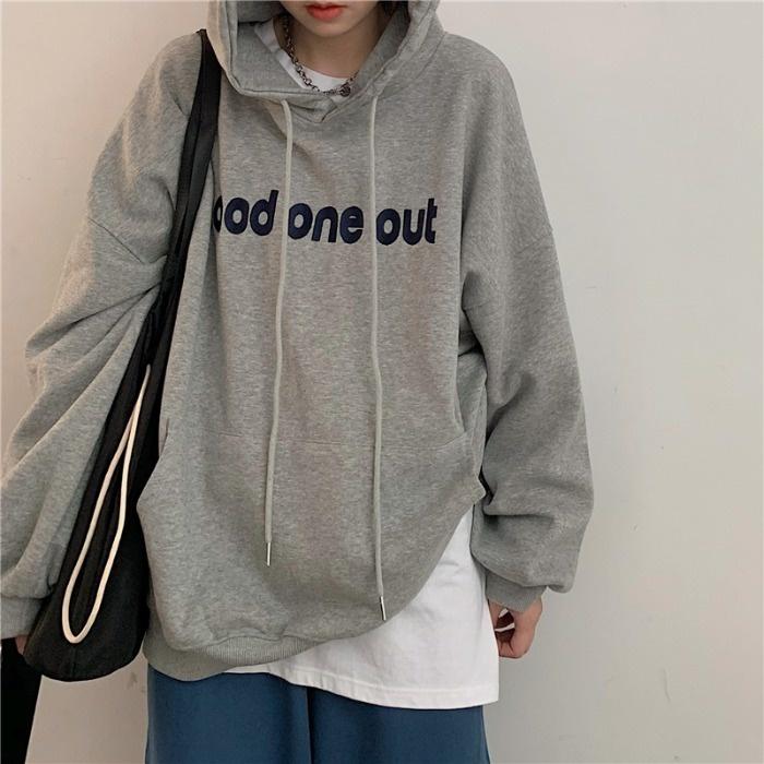 

Women's Hoodies & Sweatshirts Grey Lettered Print Hoodie Small Loose Oversize Autumn Long Sleeve Coat, Black
