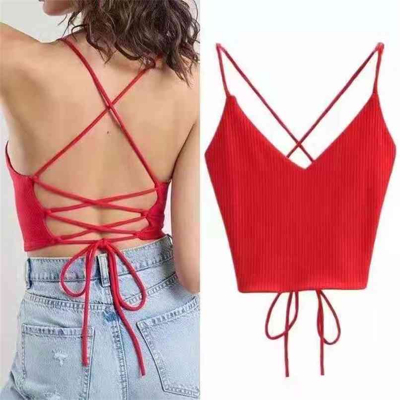 

In sexy beauty back cross tie cord knitting base coat of tall waist condole belt vest female 210520, Red