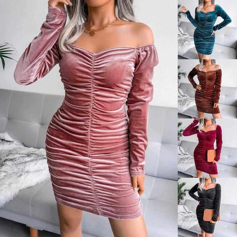 

Casual Dresses Women's Slim Sweatershirts Long Sleeve Lightweight Square-Neck Off The Shoulder Solid Color Ruched Sheath Dress, Black;gray