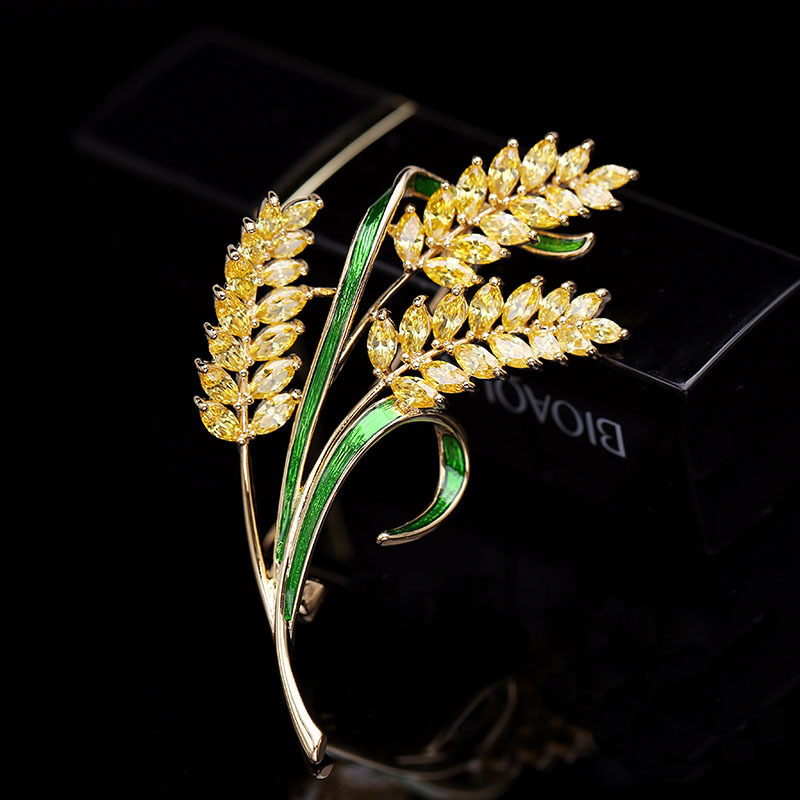 

HI MAN Korean Fashion Golden Wheat Ear Brooch Women Pavé Crystal Light Luxury Temperament Wedding Suit Jewelry Friendship Gift
