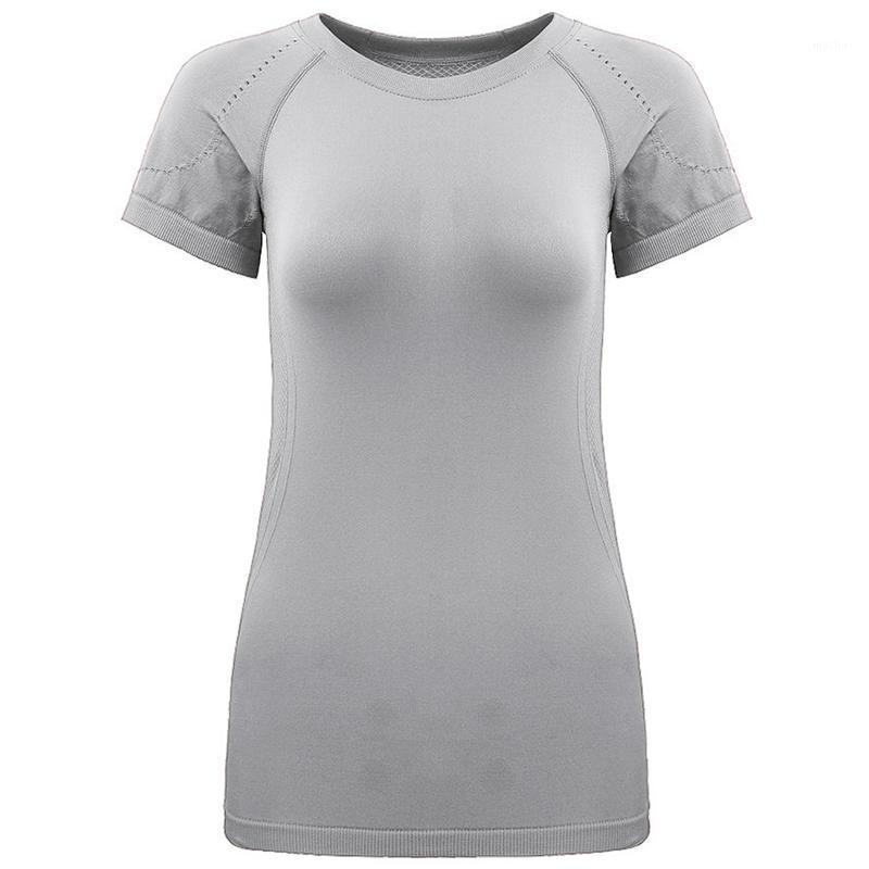 

Yoga Outfit Casual Women Sport Shirts Solid Color Seamless Workout Top High Elastic Gym Breathable Running Short Sleeve T-Shirts, Grey