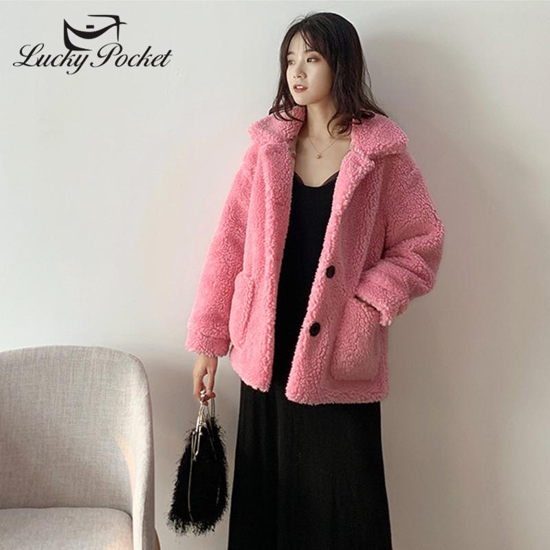 

Women's Fur & Faux Women Winter Young Style Thick Short Solid Color Big Pocket Lapel Coat Ladies Fashion Loose Plus Size White Plush ZY75, Black
