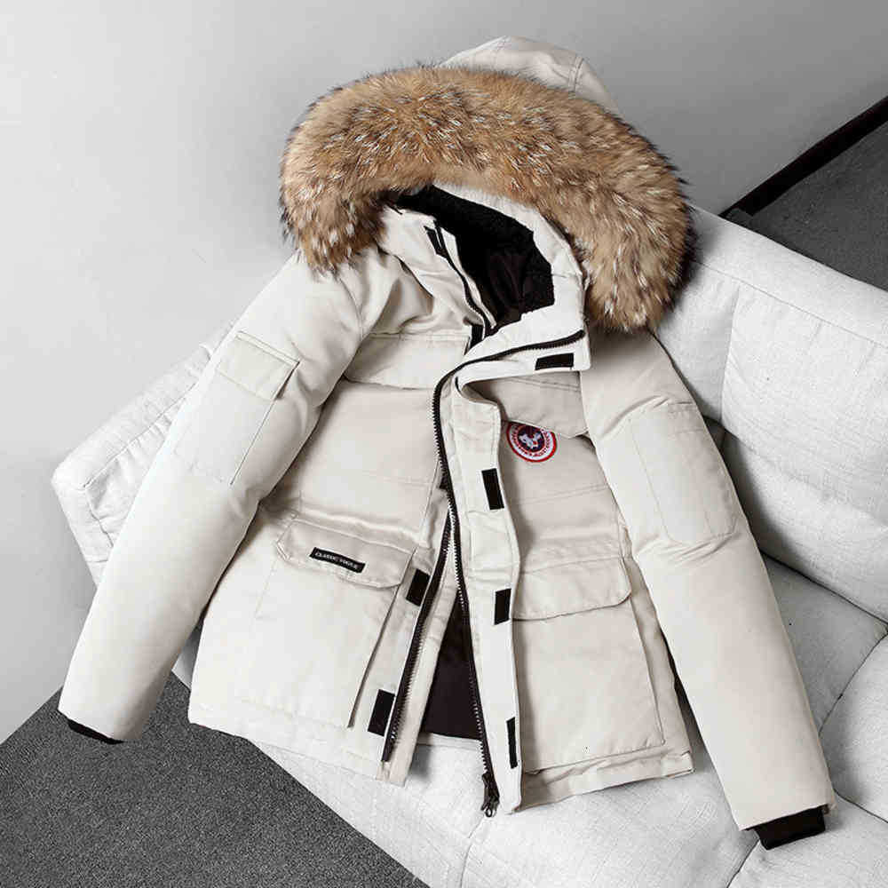 

Off season down jacket autumn and winter Canadian couple outdoor work clothes new wool collar thickened goose coat men, White 899