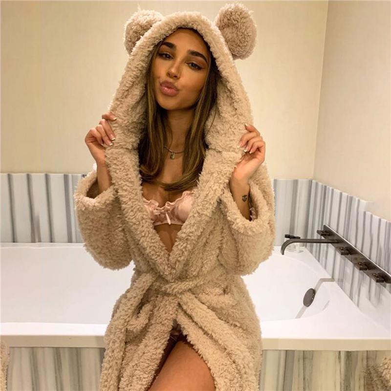 

Women' Sleepwear Plush Warm Nightgrown Long Sleeve Hooded Fashion Female Robe Cute Nightgown With Sashes Woman Nightdress Loungewear Pajama, Khaki