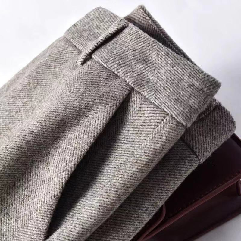 

Spring and Autumn Woolen Harlan Women' Pants Herringbone Pattern Nizi High Waist Thin Carrot 210429, Gray