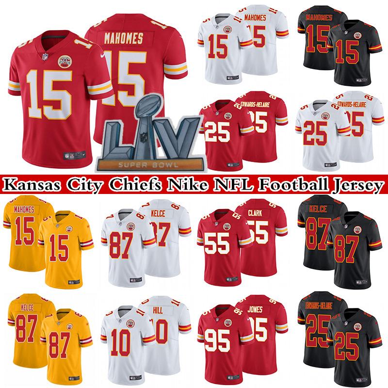 

15 Patrick Mahomes 25 Clyde Edwards-Helaire 87 Travis Kelce 10 Tyreek Hill 2021 Super Bowl LV Men's Stitched NFL Kansas City Chiefs Nike Limited Football Jersey, Red