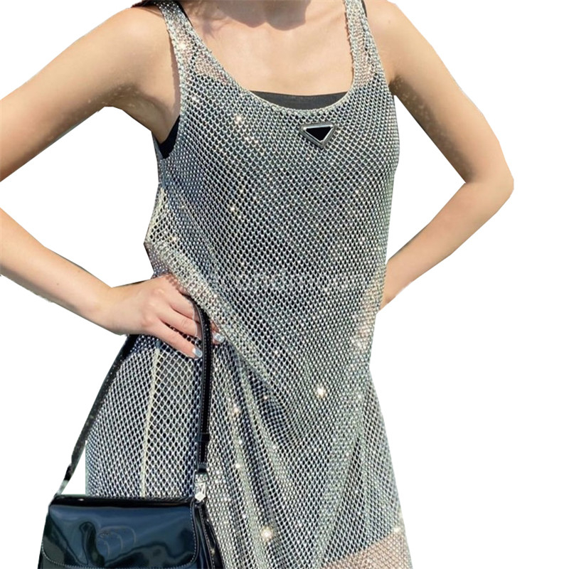 

Women Party Sexy Dresses Bling Rhinestone Hollow Out Dress Fashion Designers 2 Piece Sets Lady Sleeveless Vest Skirt, As pic