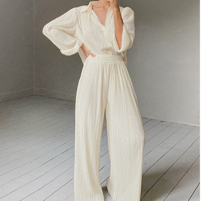 

Spring And Summer Fashionable Loose Long Sleeve Shirt Women Stripe Design Wide Legs Pants Two Piece Set RC319 210525, White suit