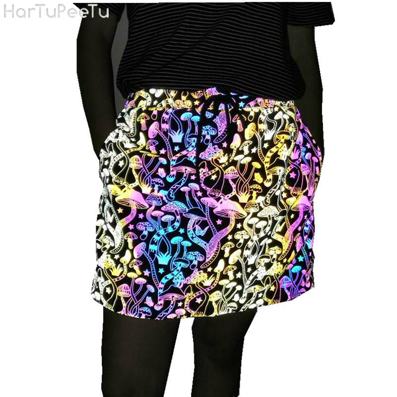 

Skirts Night Clubwear Reflective Skirt Shiny Colorful Mushroom Pattern Luminous A-Line Dress Rainbow Color Skater Wear With Pocket 2021