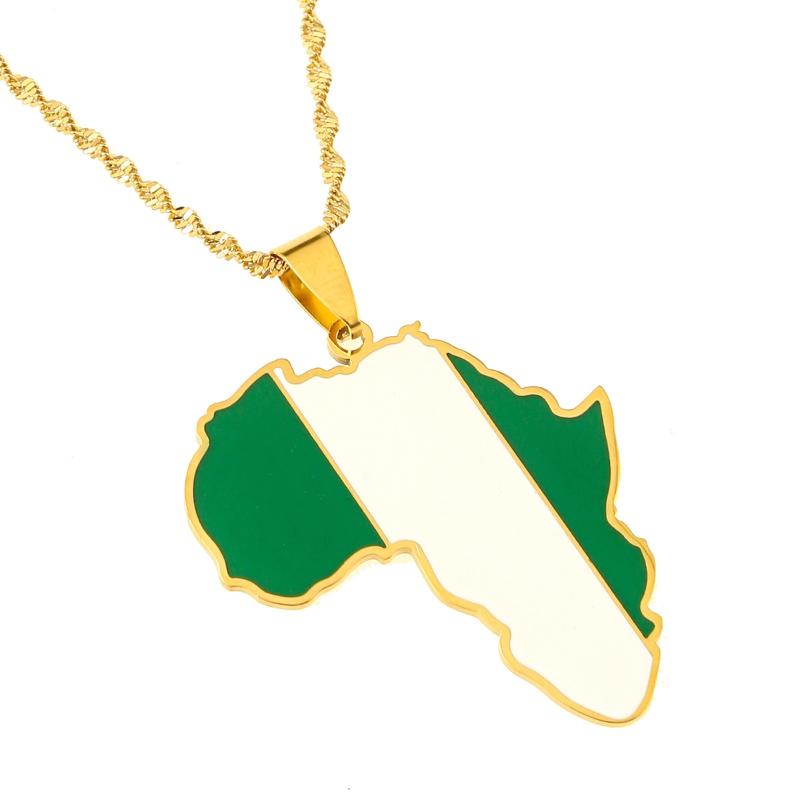 

Chains Gold Color Stainless Steel Enamel Unisex Silver Africa Map Nigeria Flag Pendants Necklaces For Women Men African Jewelry Gifts