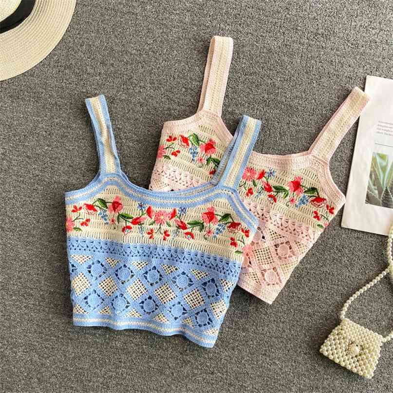 

Fashion Women's Clothing Crochet Knit Tank Top Summer Chic Flowers Embroidery Hollow Out Vintage Cropped Camis Tops 210603, Yellow