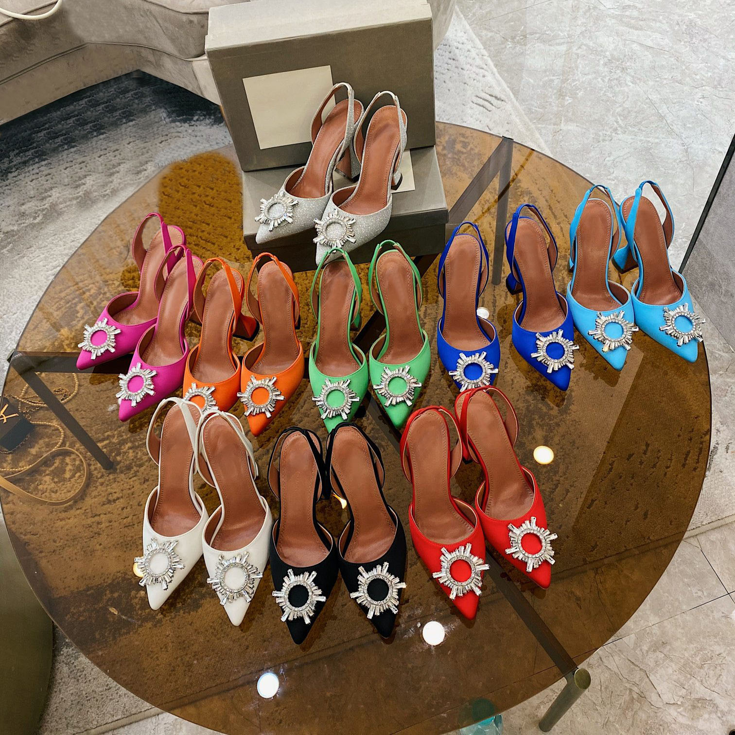 

Designer womens BEGUM SLING high heel sandals Fashion sunflower crysta buckle sandal summer 10cm Flared heel AMINA women shoe with box size 35-40