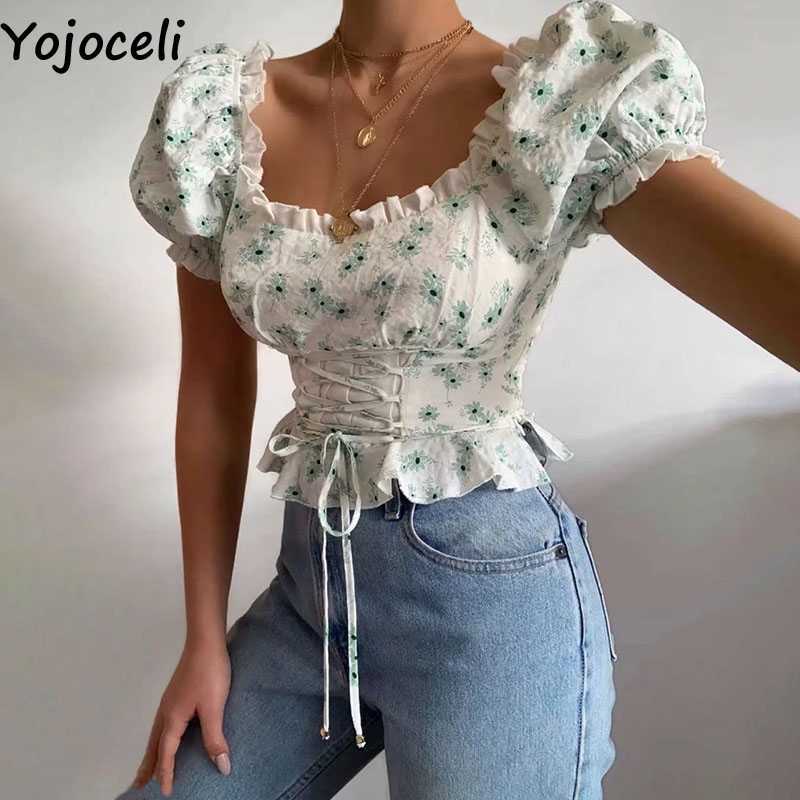 

Yojoceli Sexy summer daisy lace up blouse women Beach casual cool short Female elegant cute crop tops 210609, Green