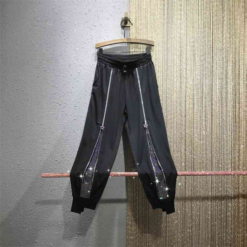 

Summer Autumn Women's Zipper Mesh With Rhinestones Elastic Waist Pants Girls Street Wear Ladies Harem A3536 210519, White