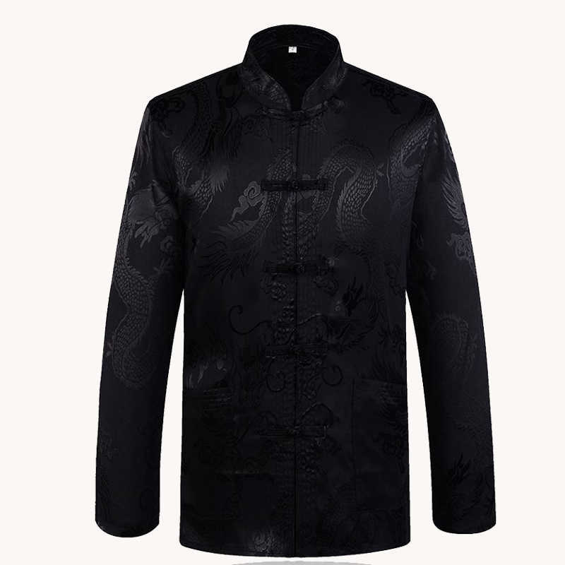 

Brand New Arrival Black Chinese Traditional Men's Satin Mandarin Collar Dragon Silk Tang Suit Clothing Kung Fu Jacket Coat X0621, Wine red 3