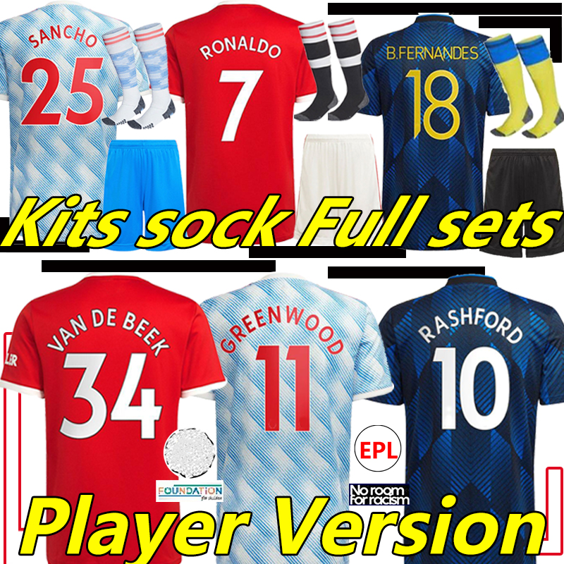 

21/22 RONALDO B. FERNANDES soccer jerseys Fans Player verison 2021 2022 CAVANI R. VARANE UTD VAN DE BEEK RASHFORD Men Kids Kits sock Full sets, 21-22 away player