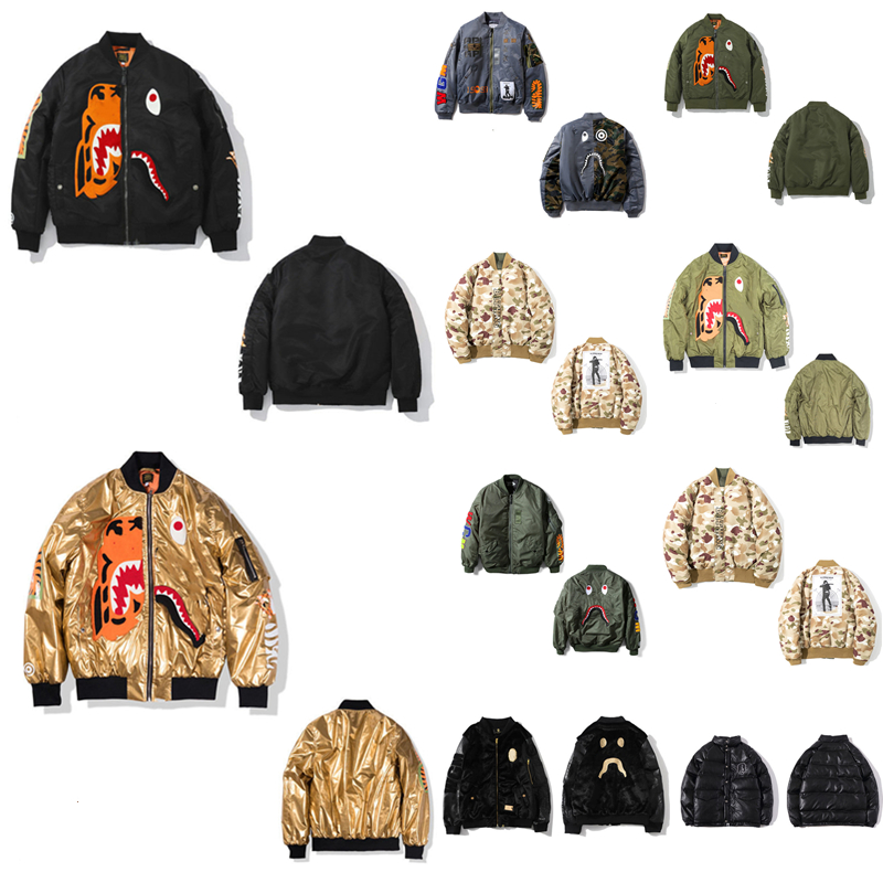 

Men's Down shark head tiger stitching animal Printed pattern camouflage ladies couple jacket stand collar high quality thick warm cotton coat Outerwear 0101, 1pcs buttons