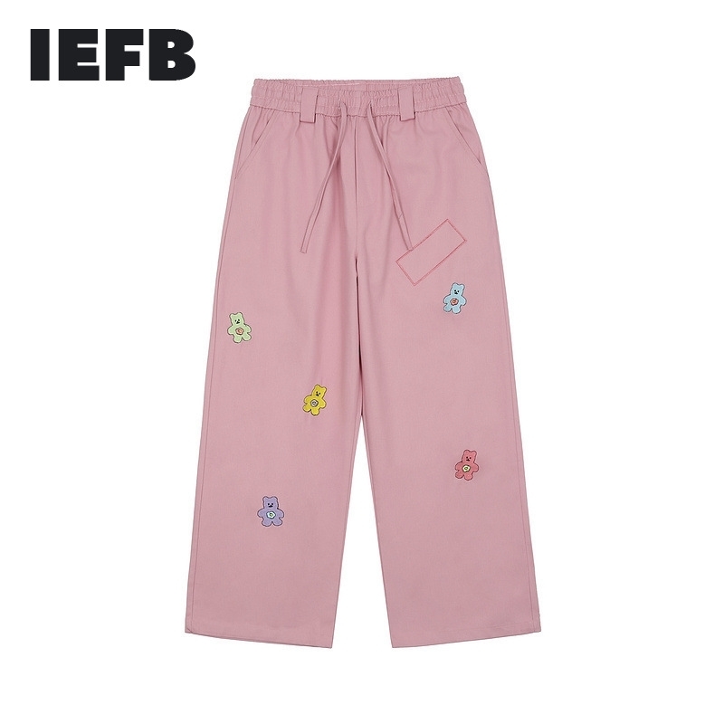 

IEFB Men's Wear Spring Spring Drawstring Elastic Waist Loose Straight Trousers Print Pants With Pockets 9Y5632 210524, Pink