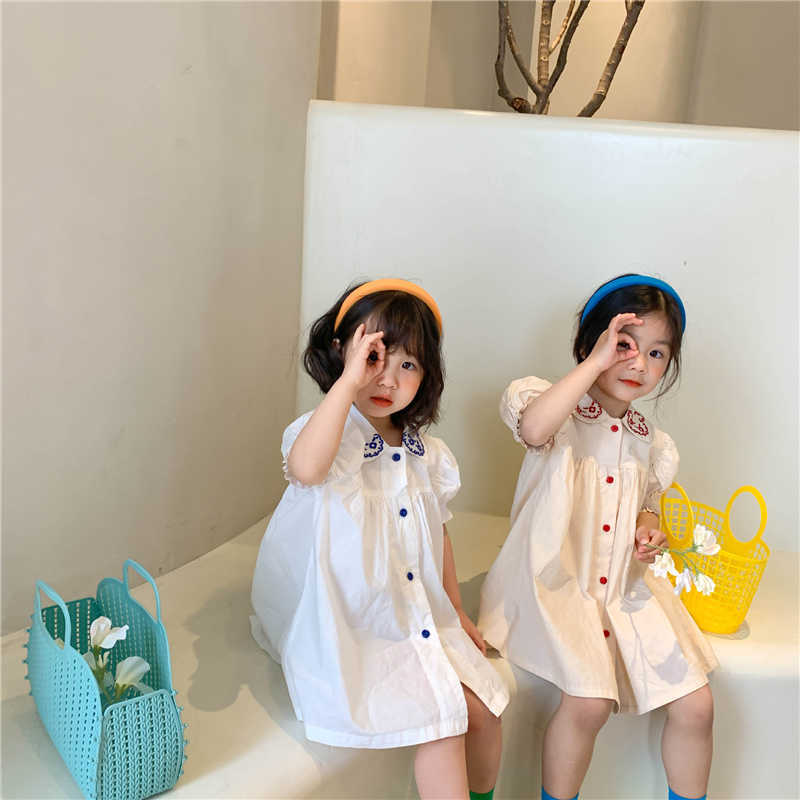 

Summer cute girls embroidery doll collar loose dress kids single breasted short sleeve princess clothes 210615, Apricot